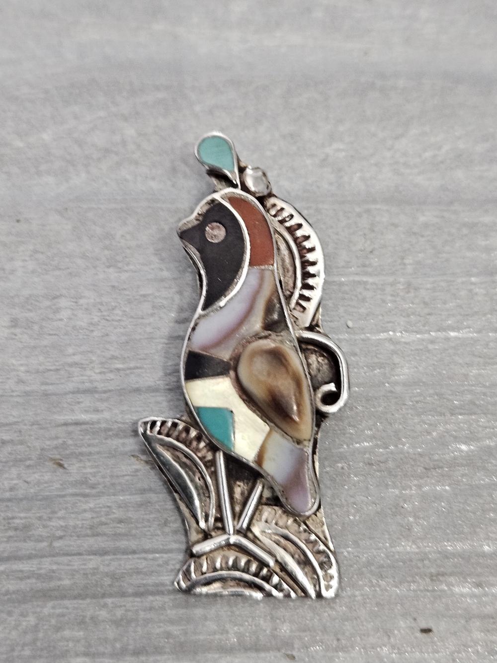 Vintage Zuni Niiha Sterling Inlay Bird Brooch Signed 4.2g